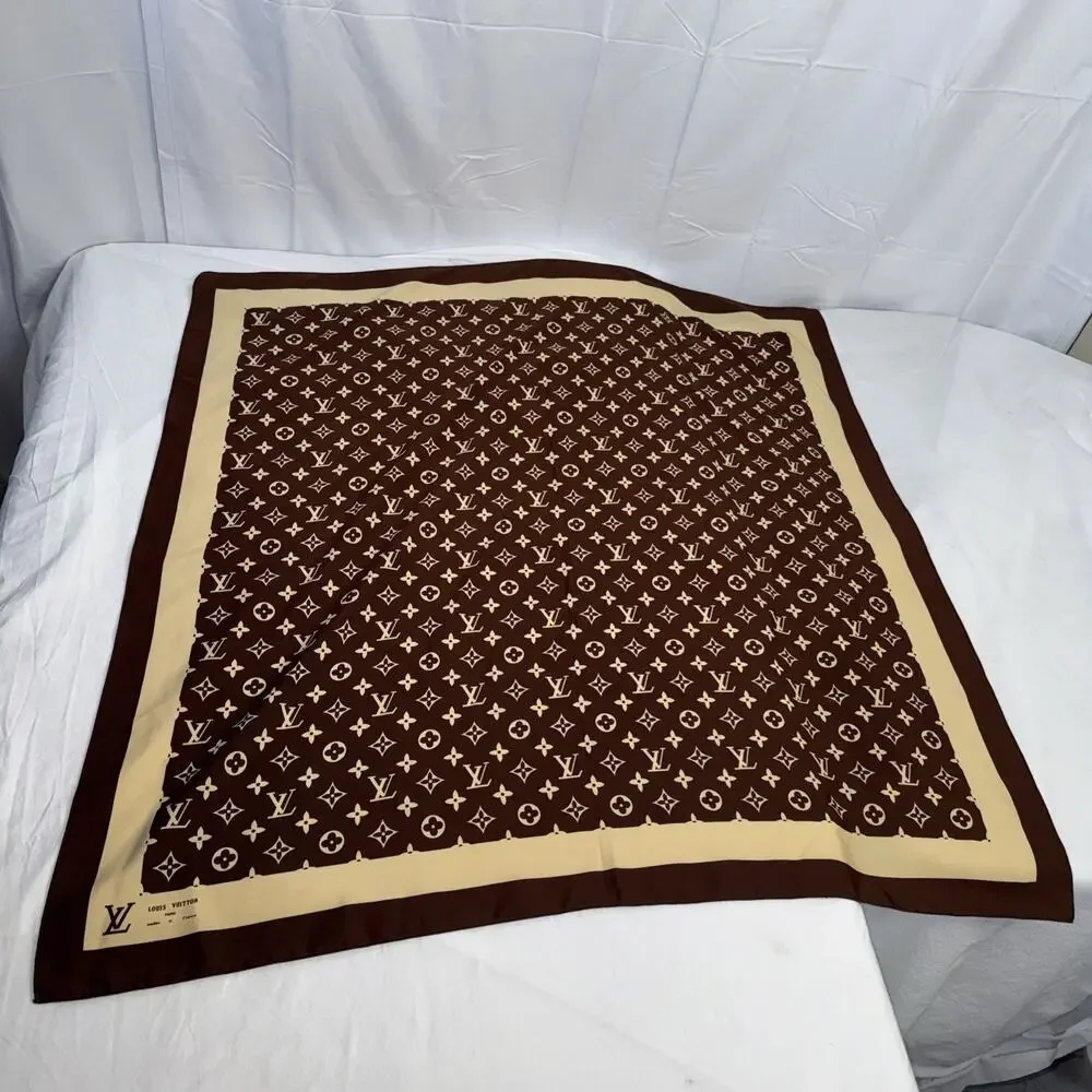 LOUIS VUITTON Monogram Silk Scarf Large Brown 78 x 80cm Authentic Vintage